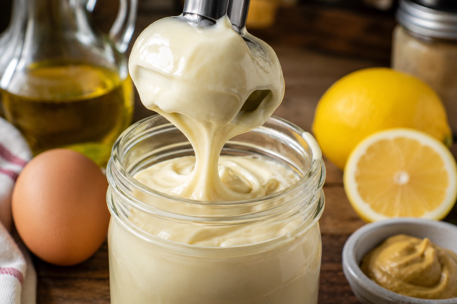 Creamy Mayonnaise preparation on rustic table