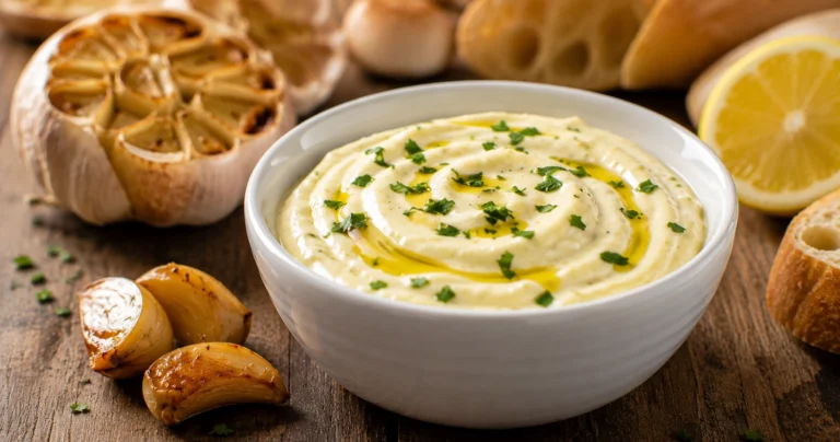 Creamy dip with roasted garlic and bread