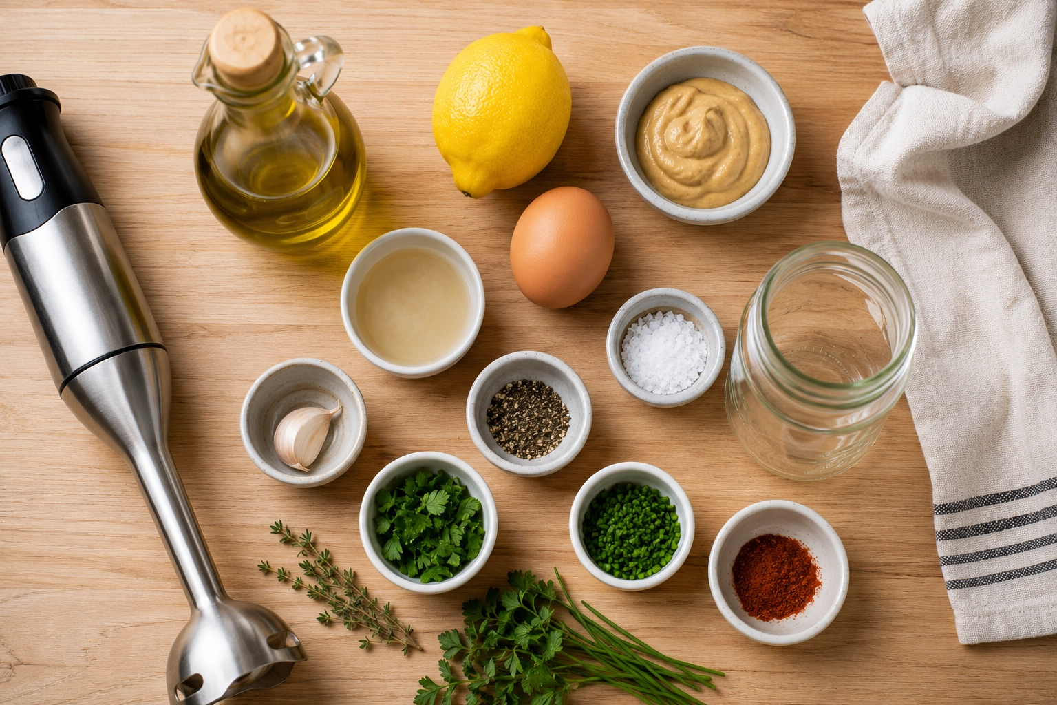 Culinary prep flat lay with herbs and spices