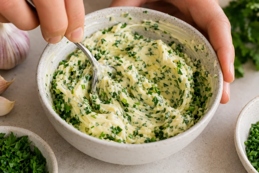 Homemade Garlic Herb Butter in Mixing bowl
