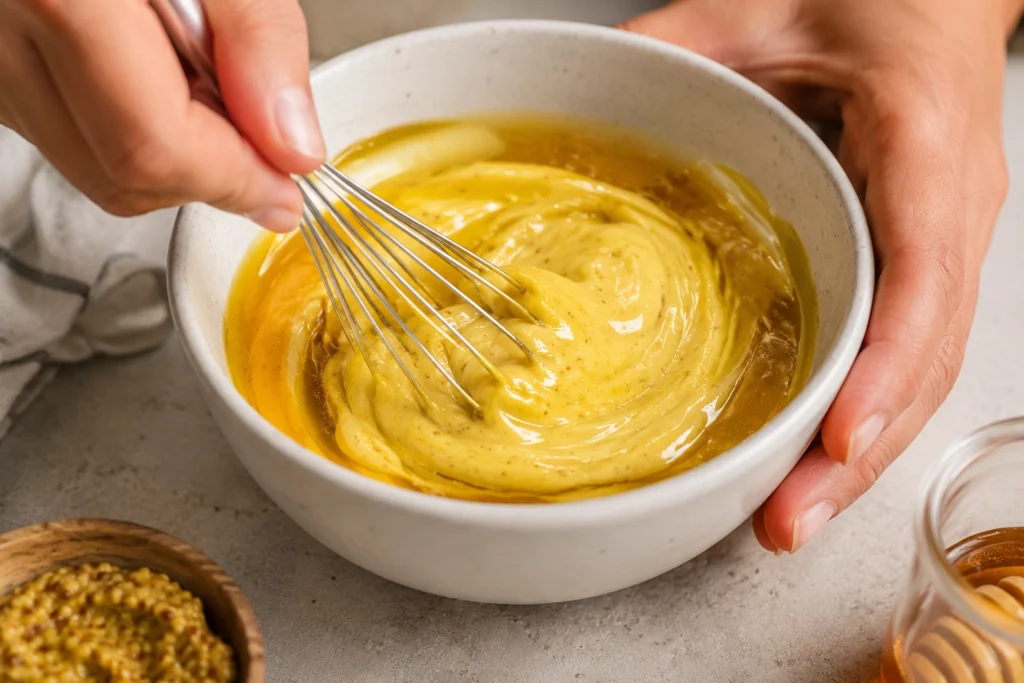 Honey Mustard Sauce Being Mixed in a Small Bowl with a whisk