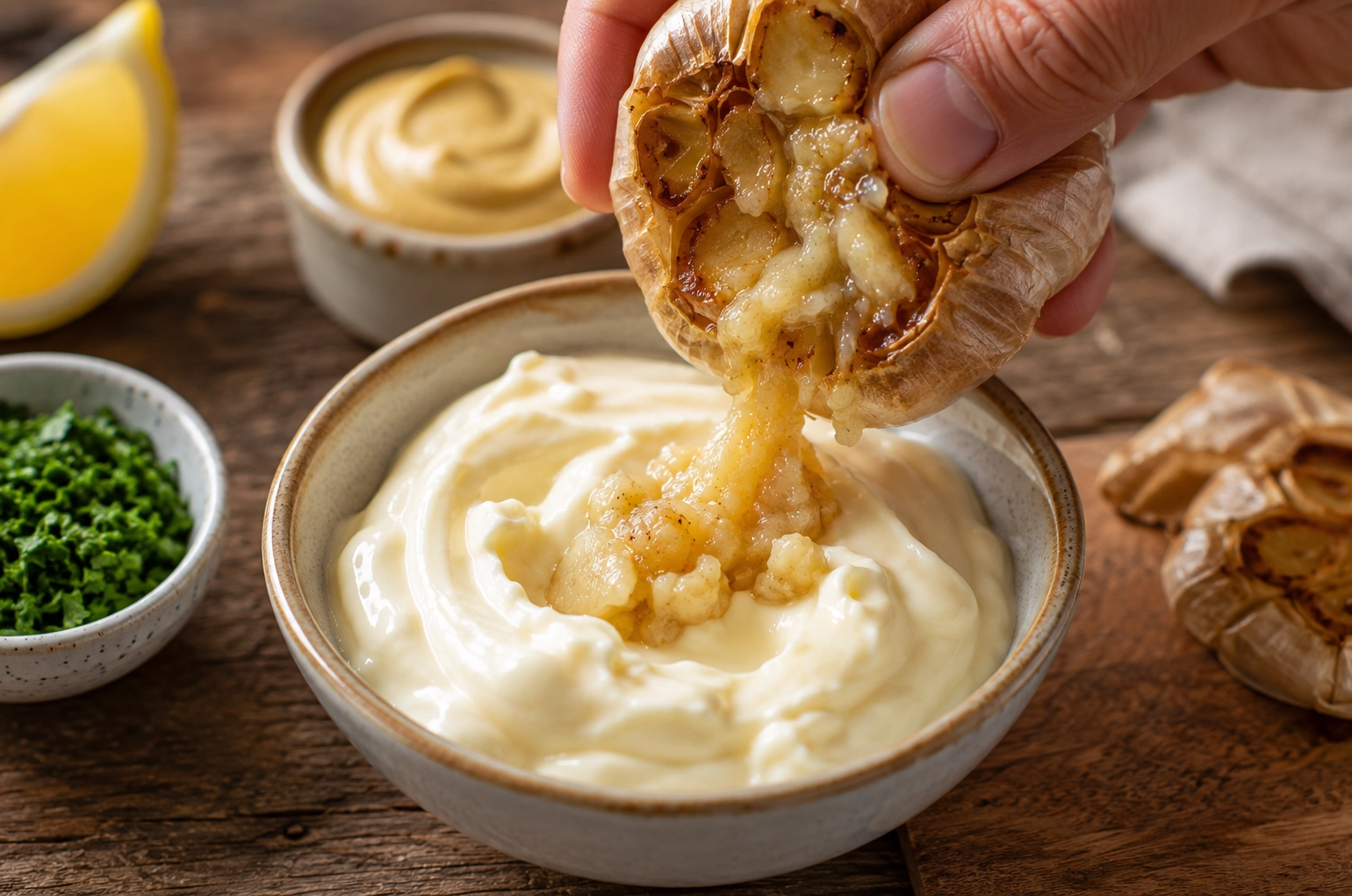 Pressing roasted garlic over creamy mayo