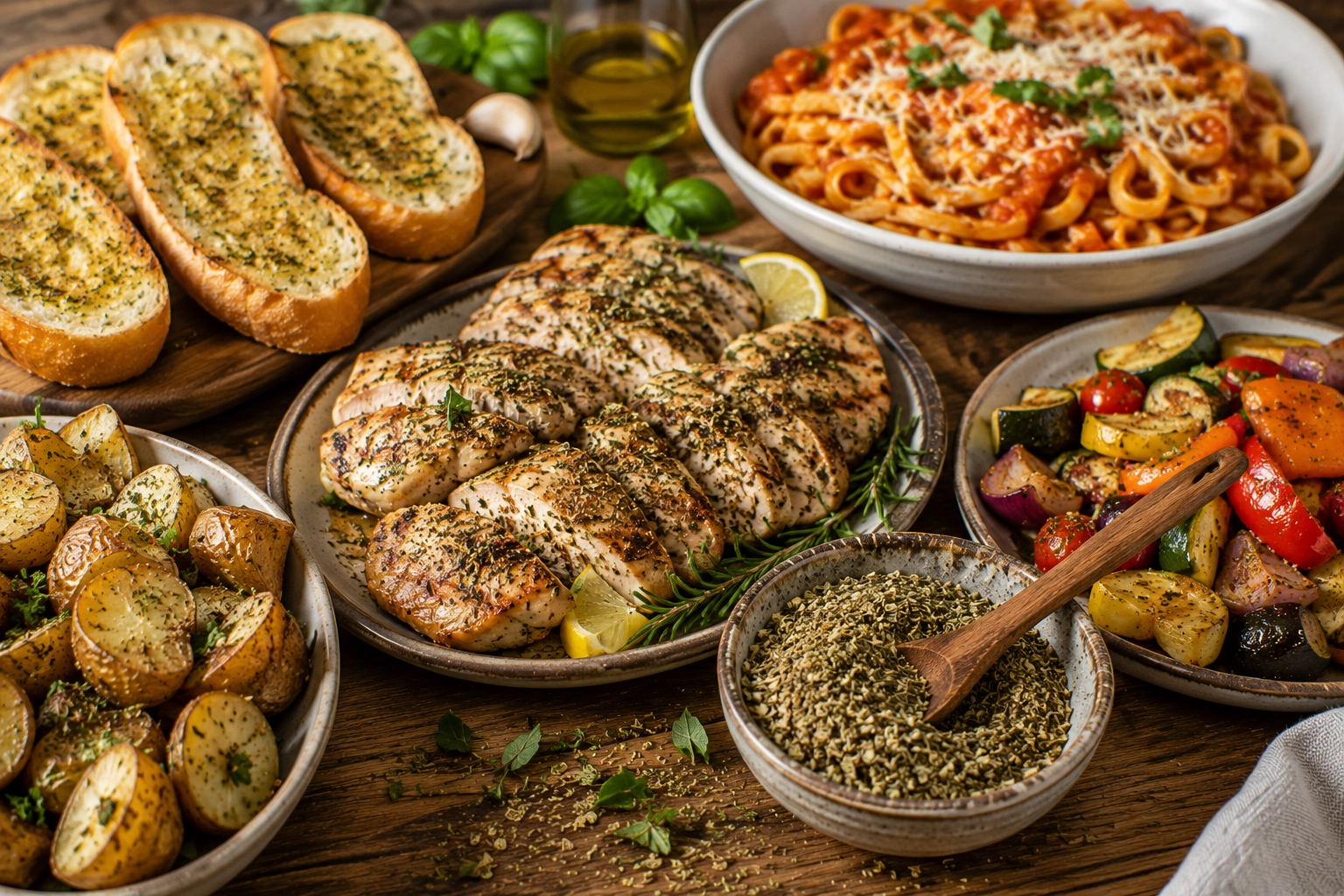 Rustic Italian feast on wooden table