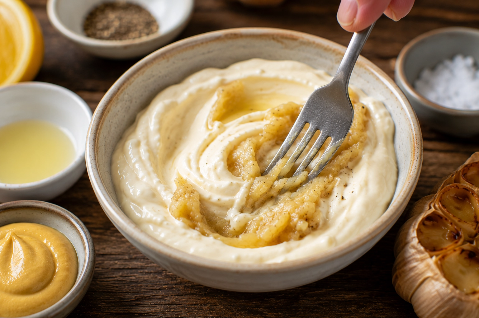 Rustic kitchen mixing roasted garlic sauce