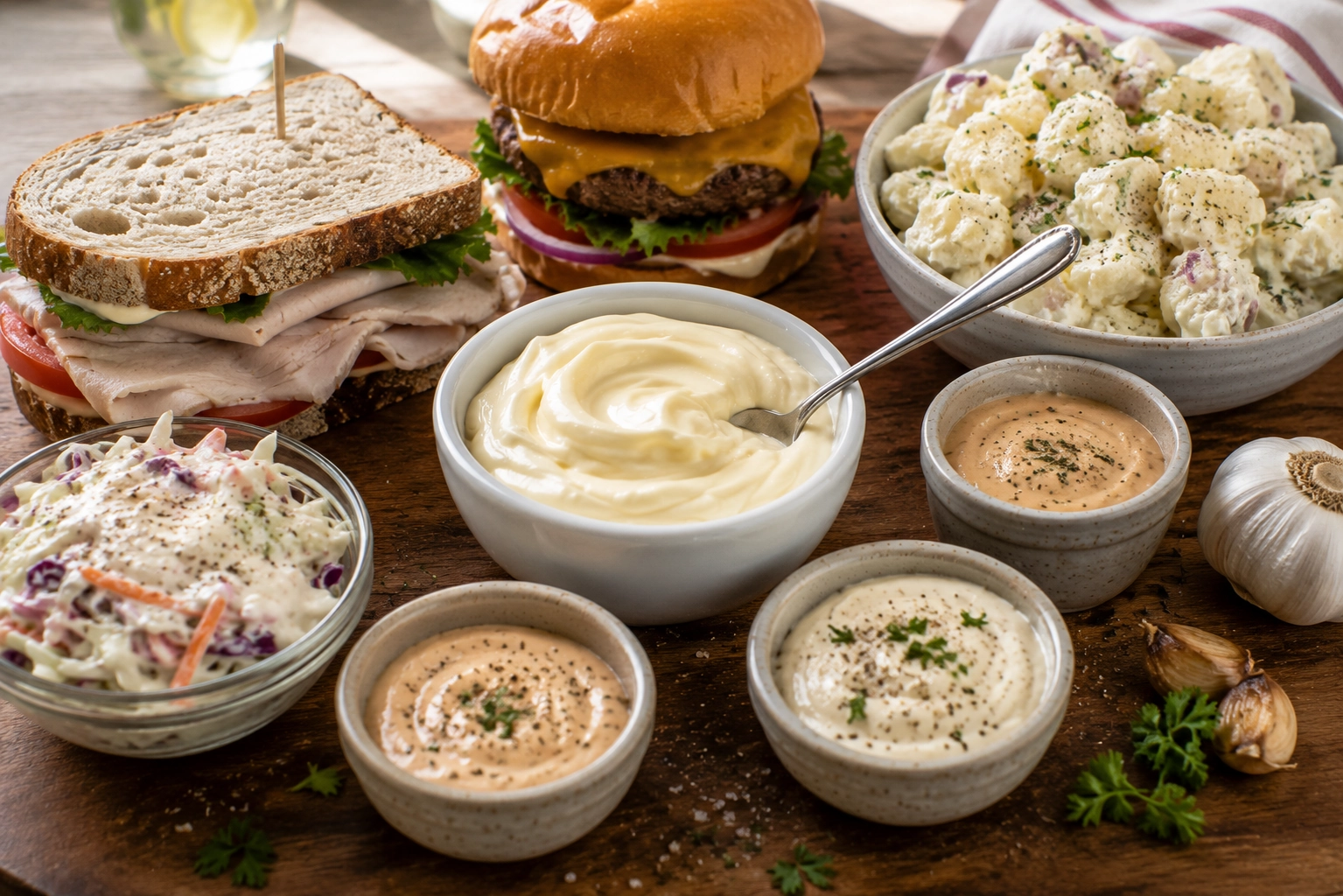 Rustic sandwich and sauce spread