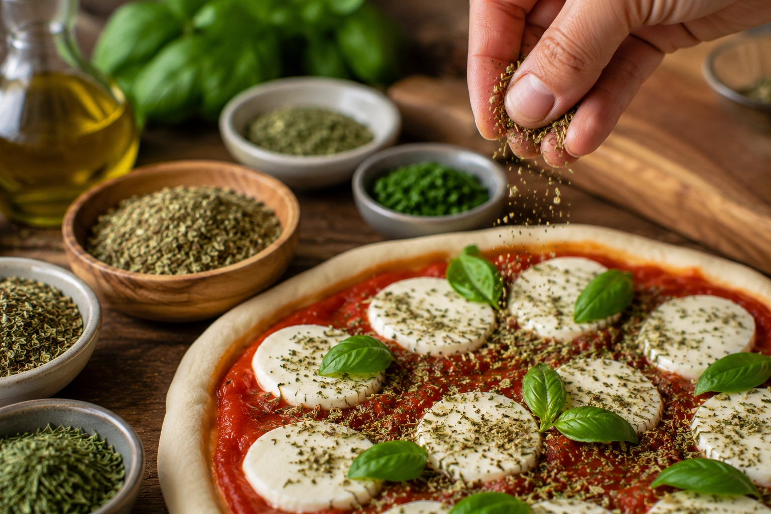 Sprinkling herbs on pizza dough