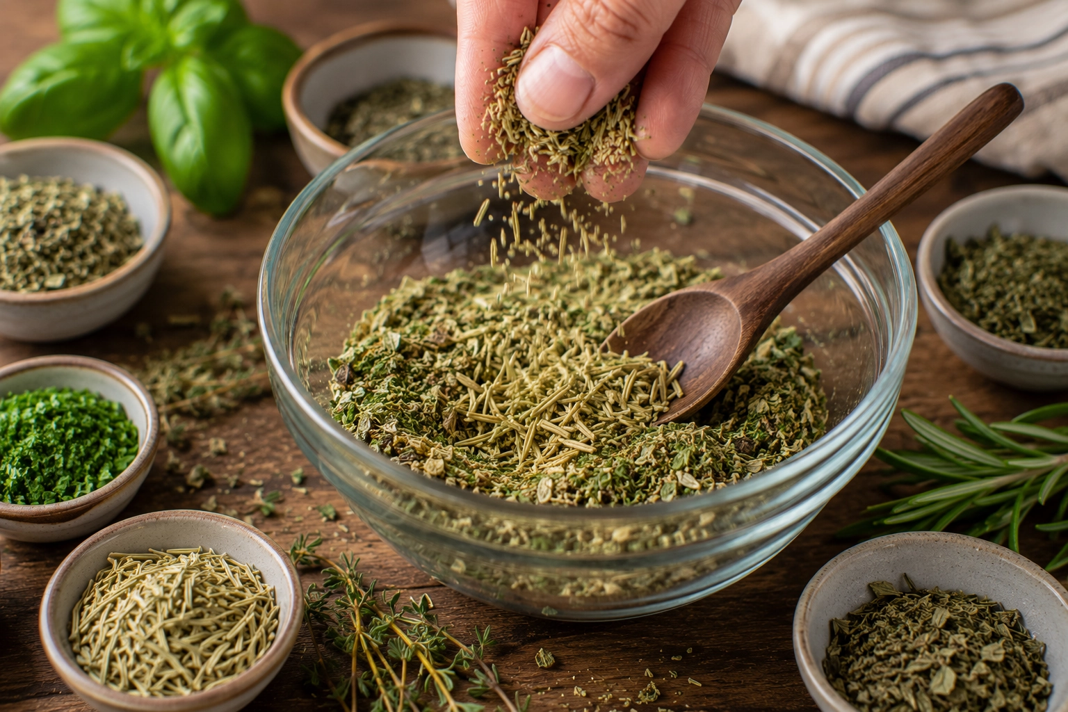 Sprinkling rosemary into herbal blend