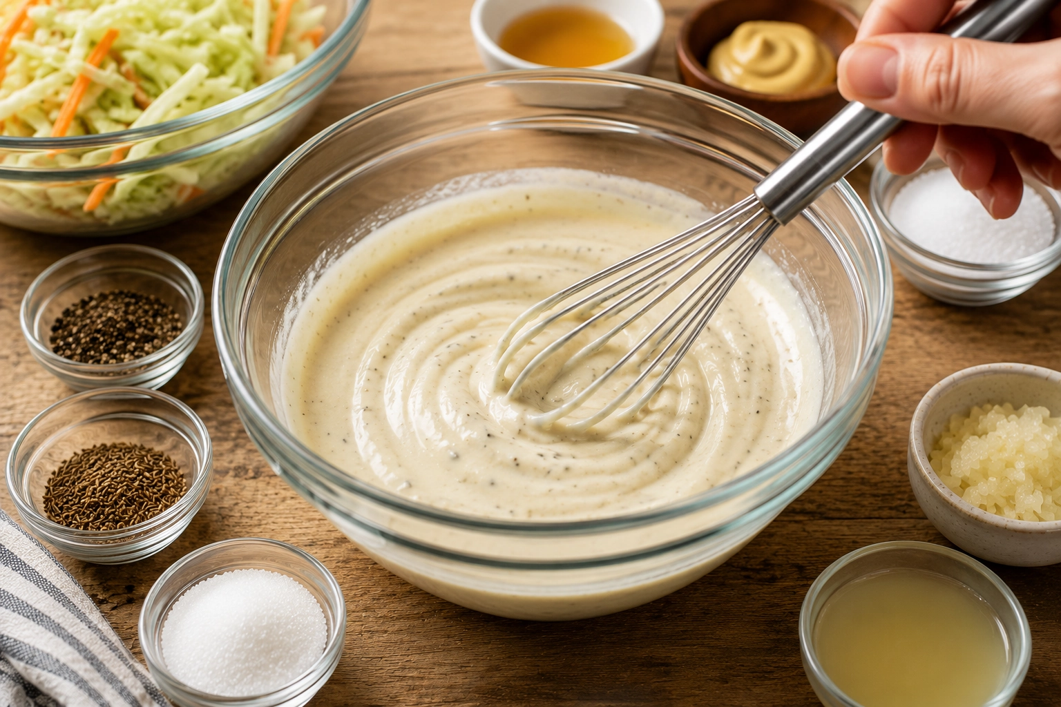 Whisking Creamy Dressing in the Kitchen