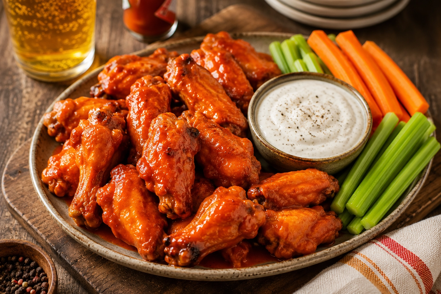 Buffalo wings with dip and veggies
