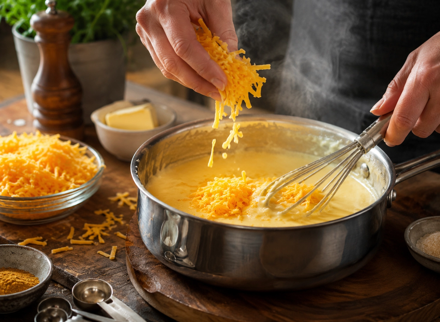 Cheese sauce creation in warm kitchen