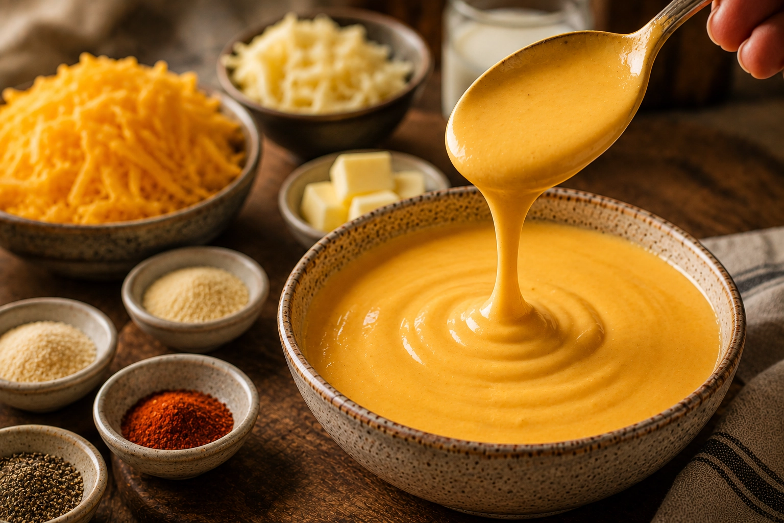 Cheese sauce in rustic kitchen setting