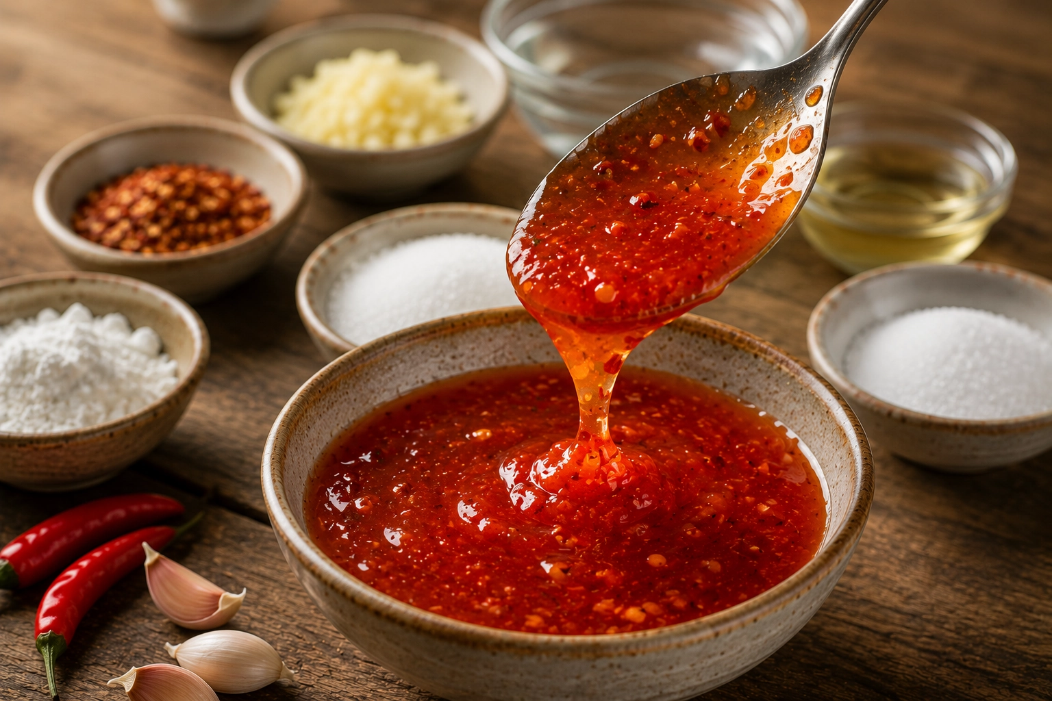 Chili sauce preparation on rustic table