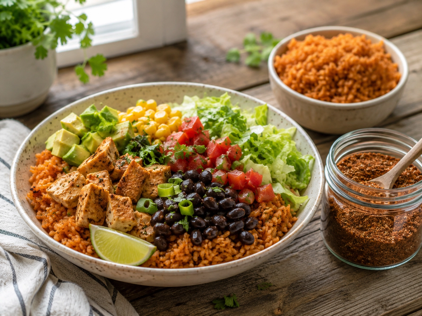 Colorful burrito bowl on rustic table