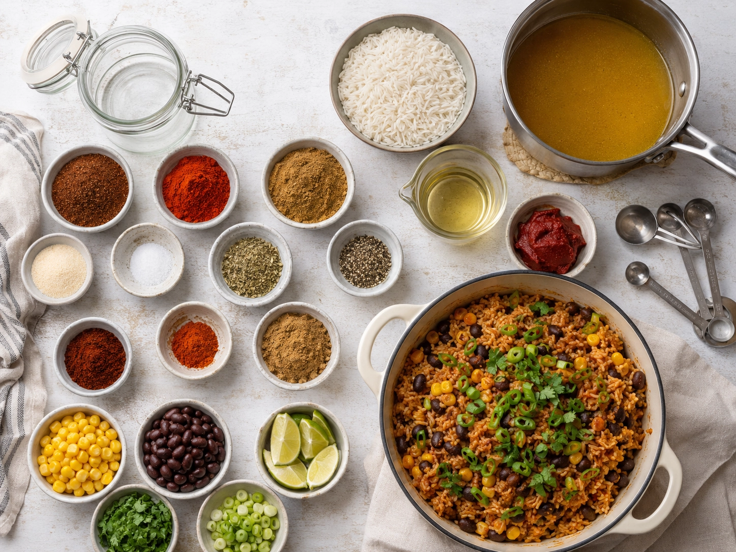 Colorful spice and rice dish setup