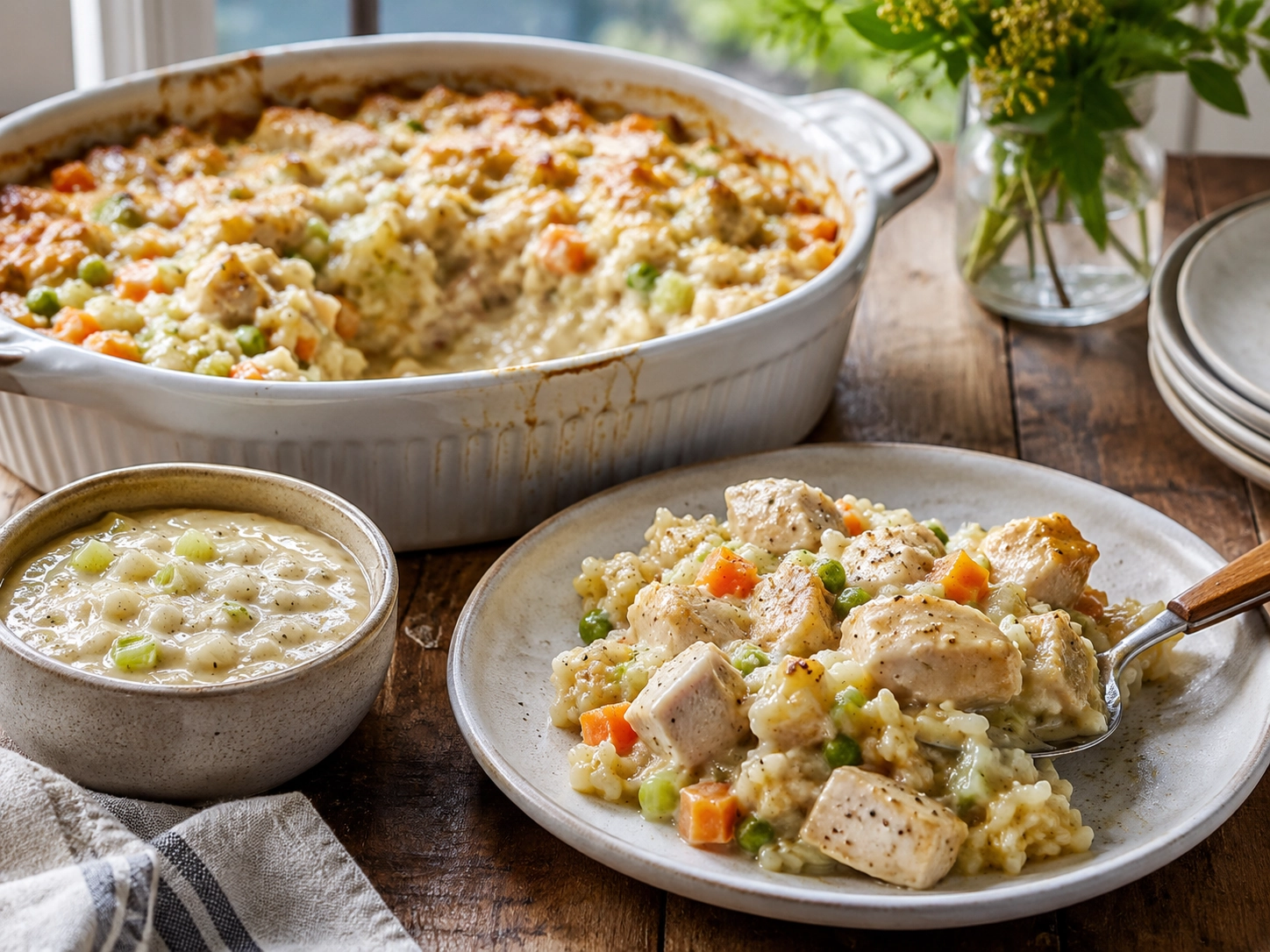 Comforting homemade casserole on rustic table