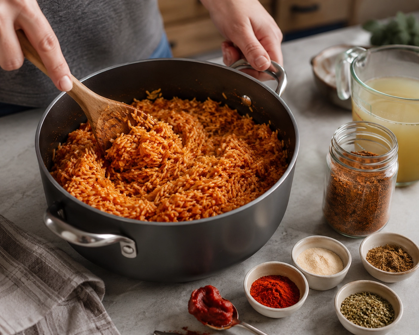 Cooking seasoned rice in a cozy kitchen