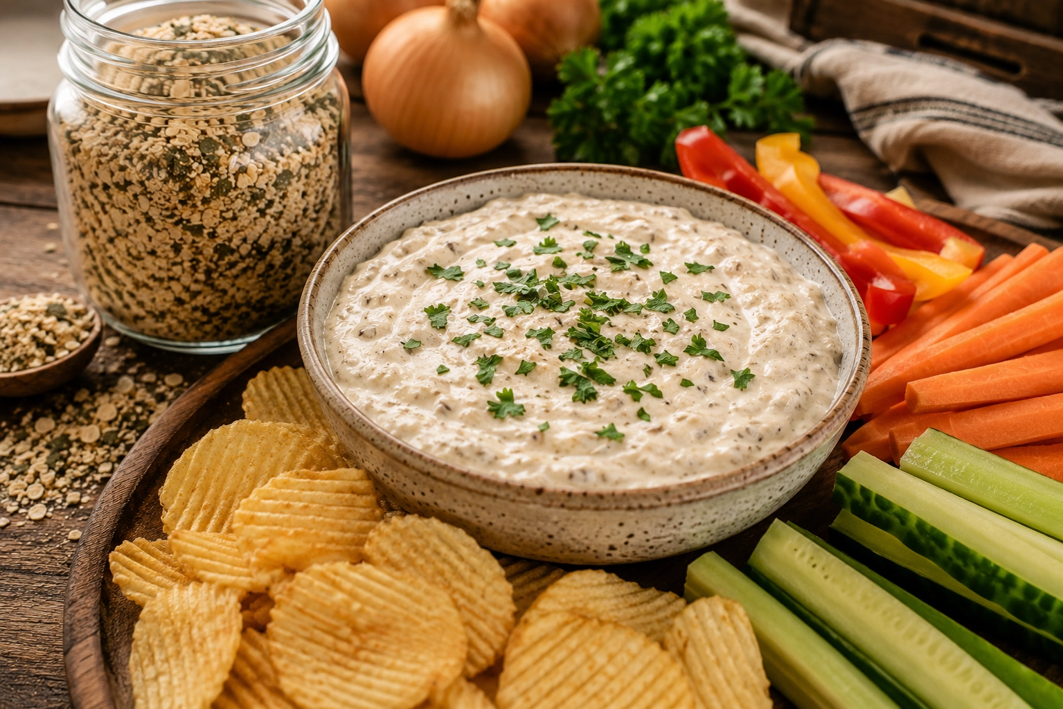 Cozy dip spread with veggies and chips