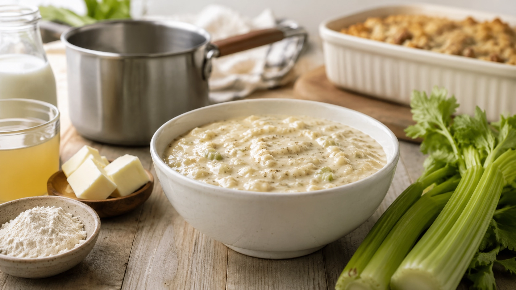 Cozy kitchen prep with creamy soup