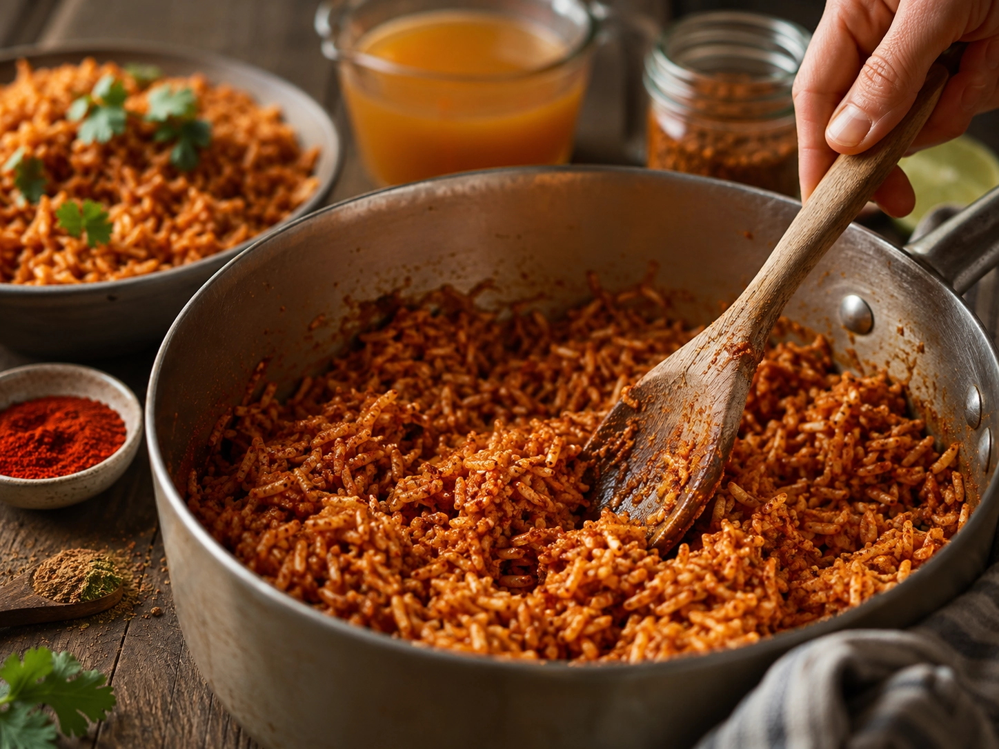 Cozy kitchen scene with seasoned rice