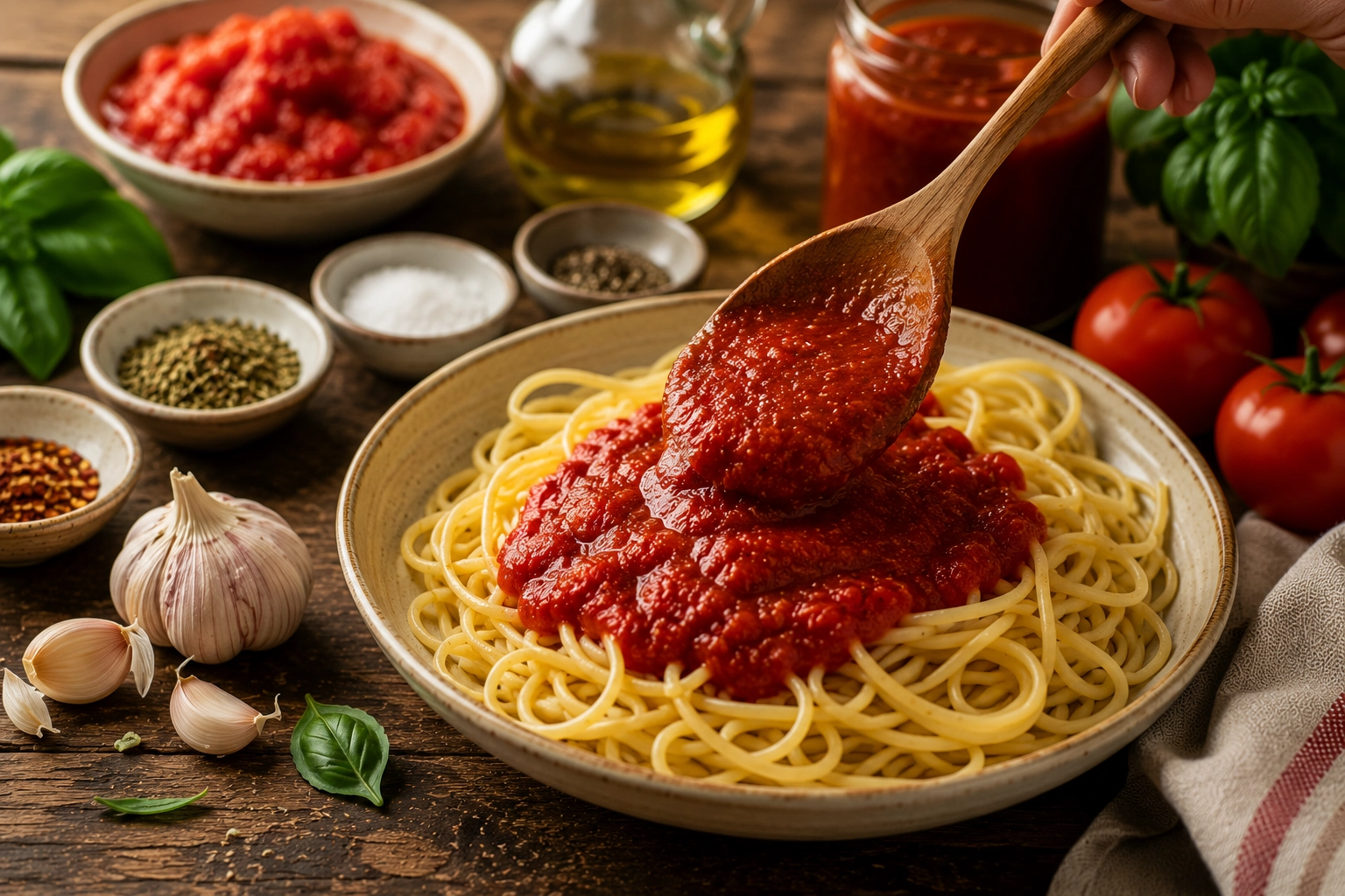 Cozy kitchen scene with spaghetti and sauce