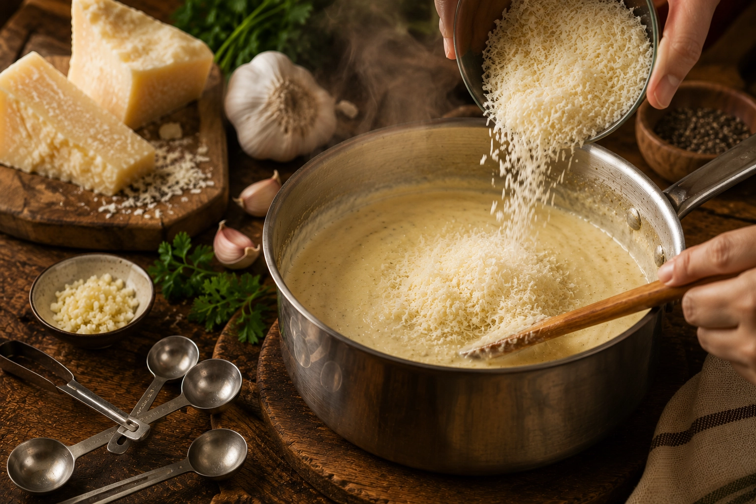 Cozy kitchen stirring cheese sauce