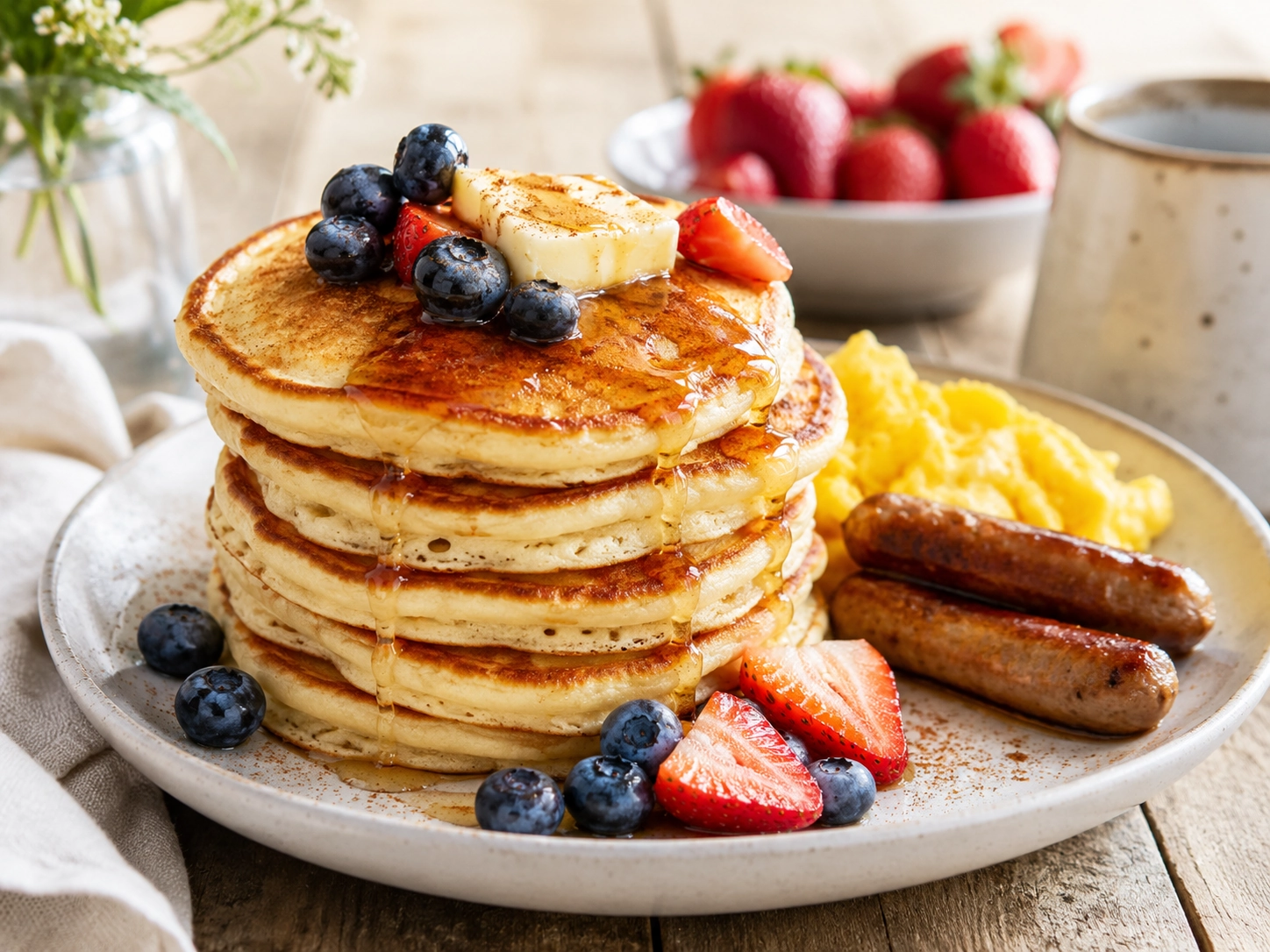 Cozy morning breakfast with pancakes