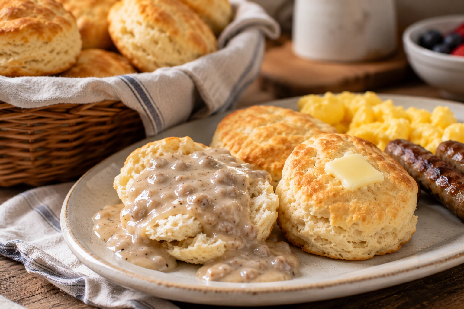 Cozy rustic breakfast with biscuits and gravy