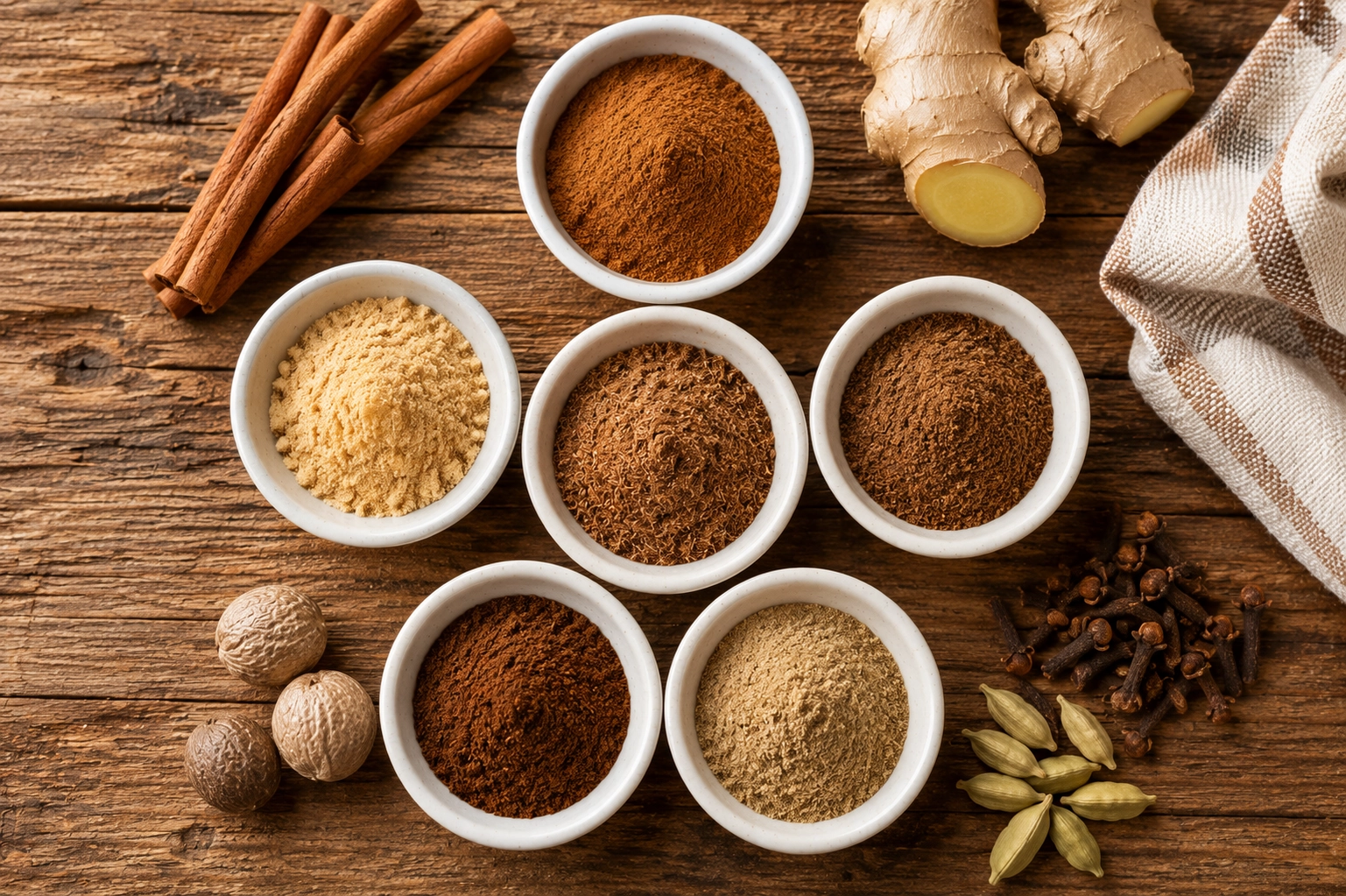 Cozy spice arrangement on wooden table