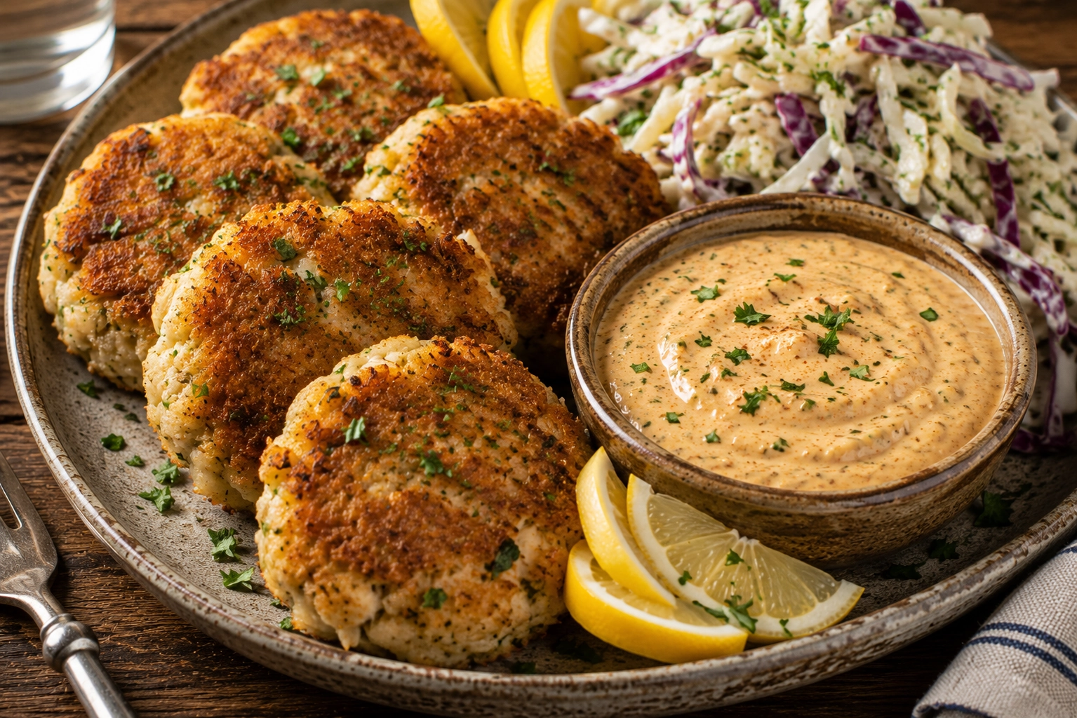 Crab cakes with remoulade and slaw