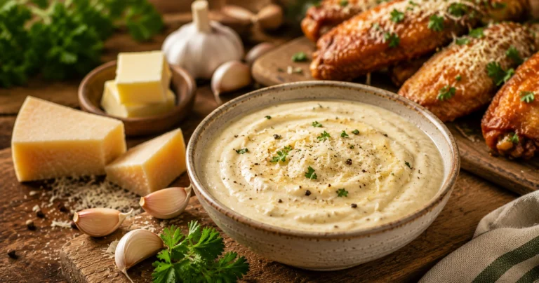 Creamy dip with garlic and wings