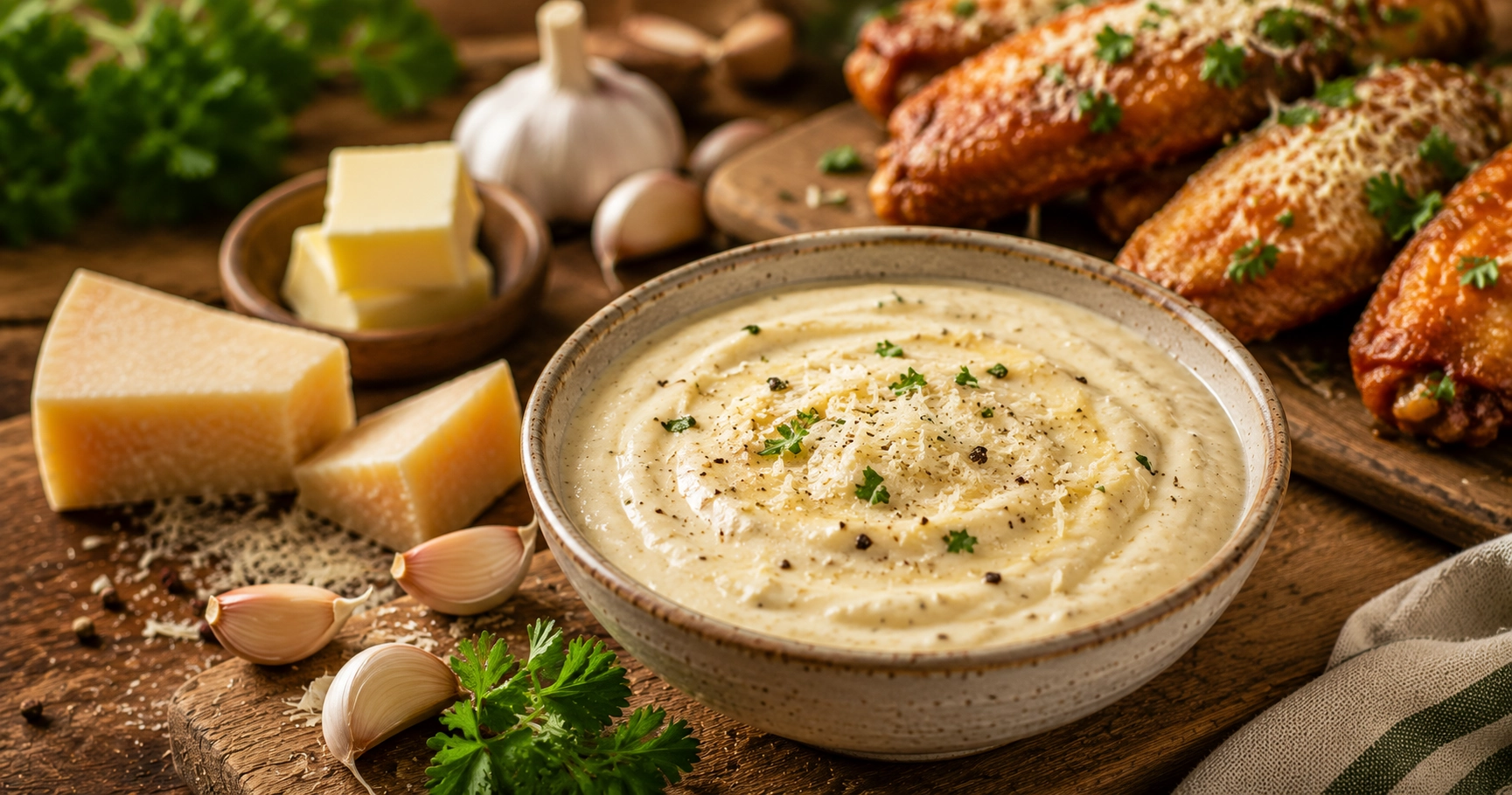 Creamy dip with garlic and wings