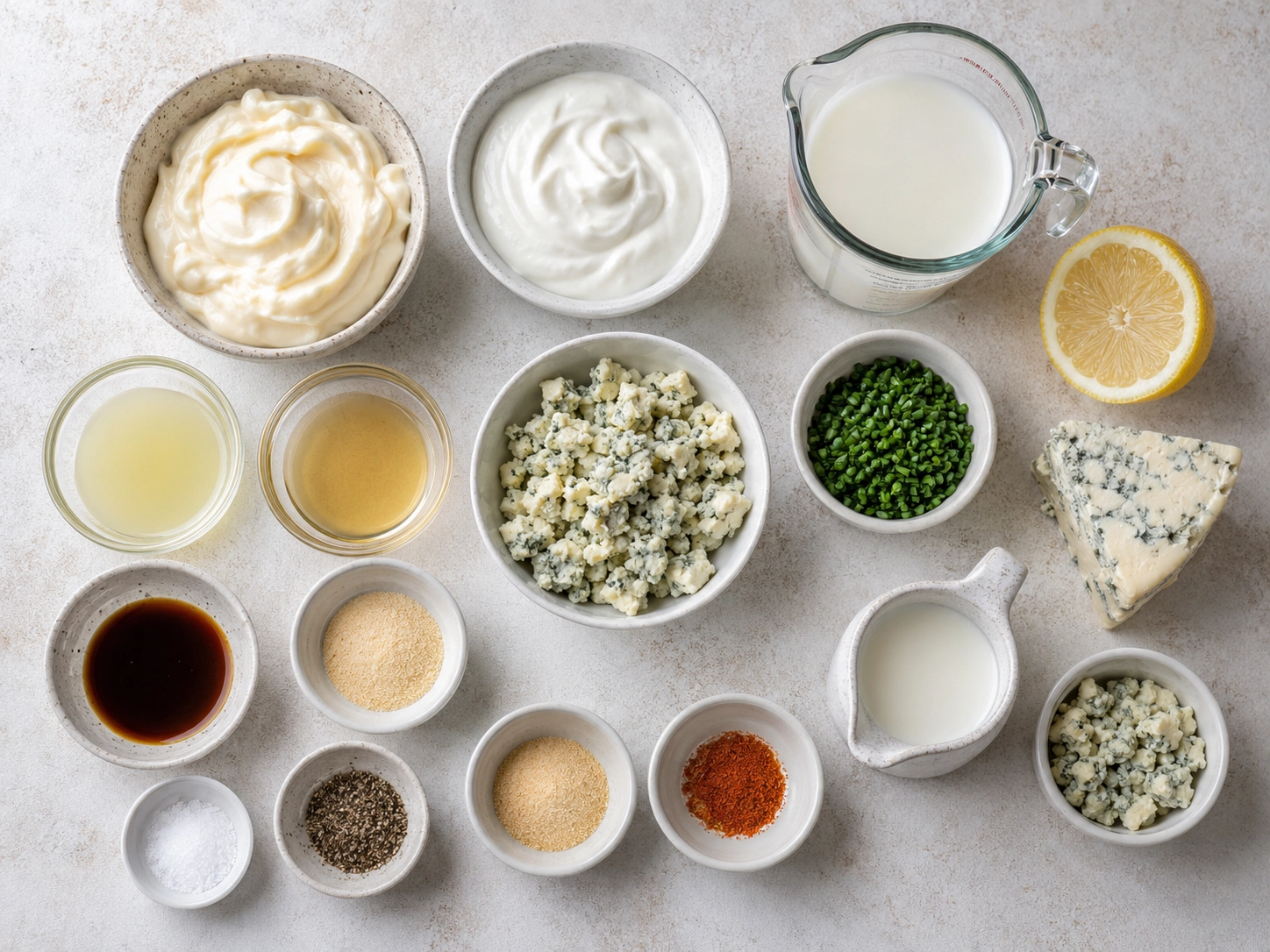 Creamy dressing ingredients flat lay