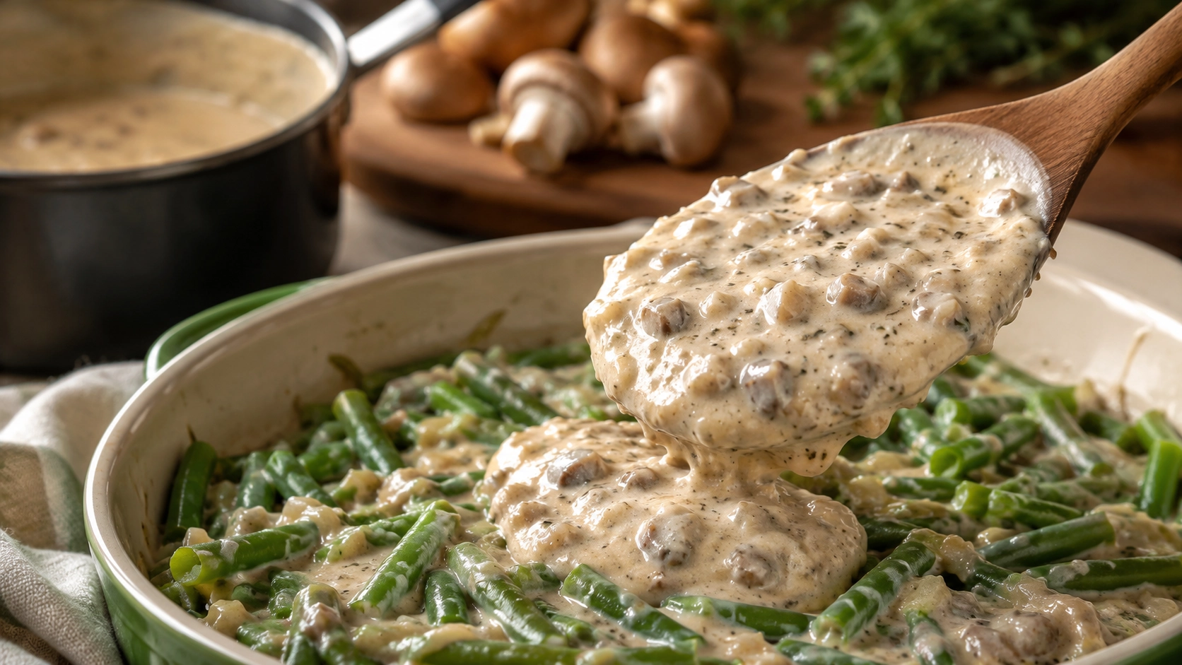 Creamy mushroom sauce over green beans