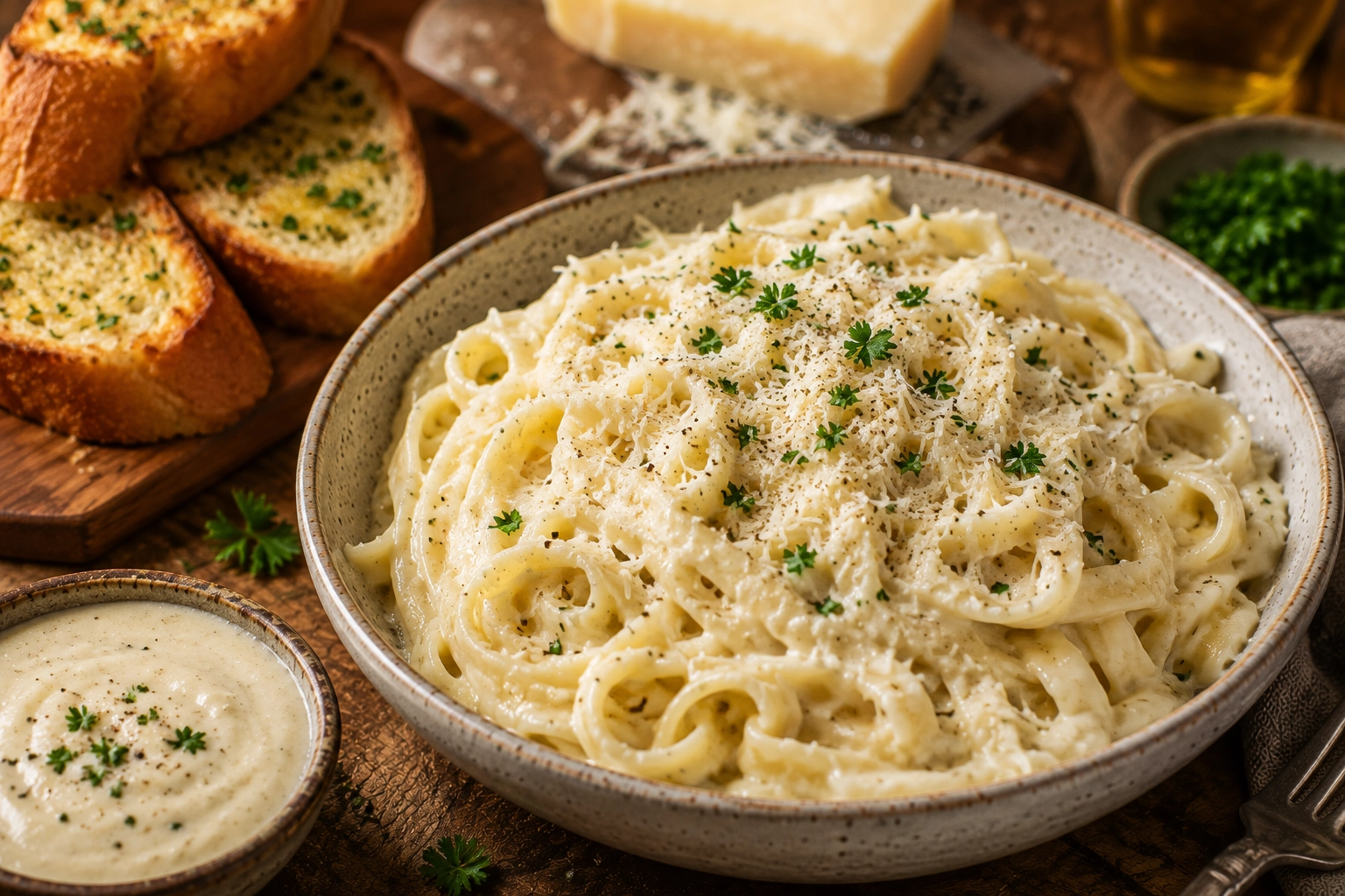 Creamy pasta with garlic bread and herbs