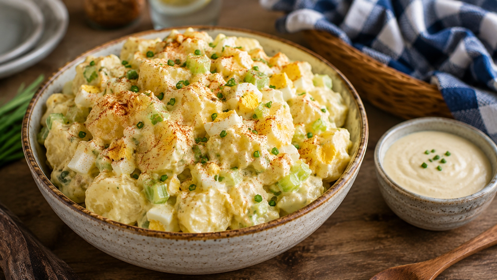 Creamy potato salad on rustic table