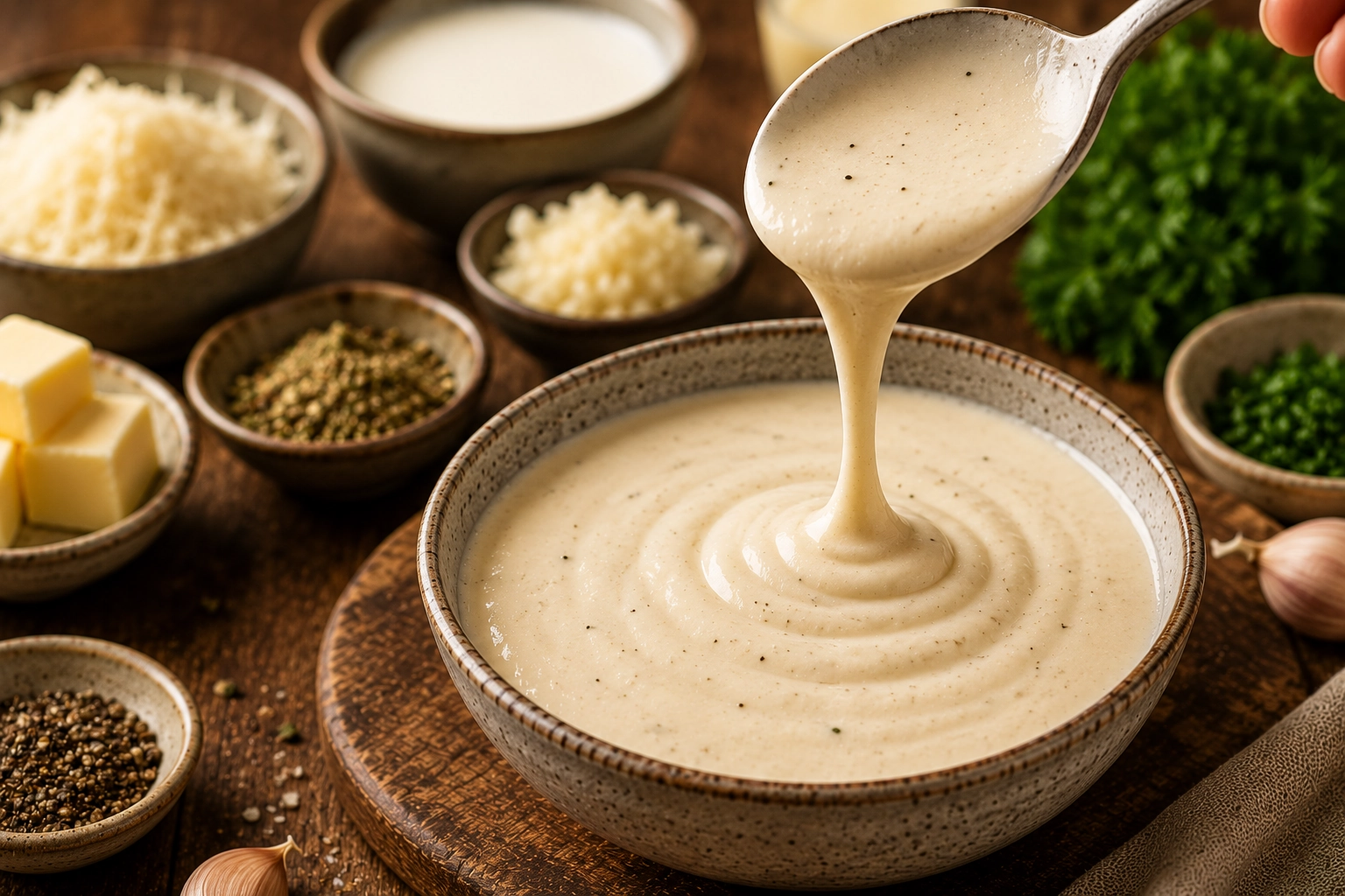 Creamy sauce drizzling in rustic kitchen