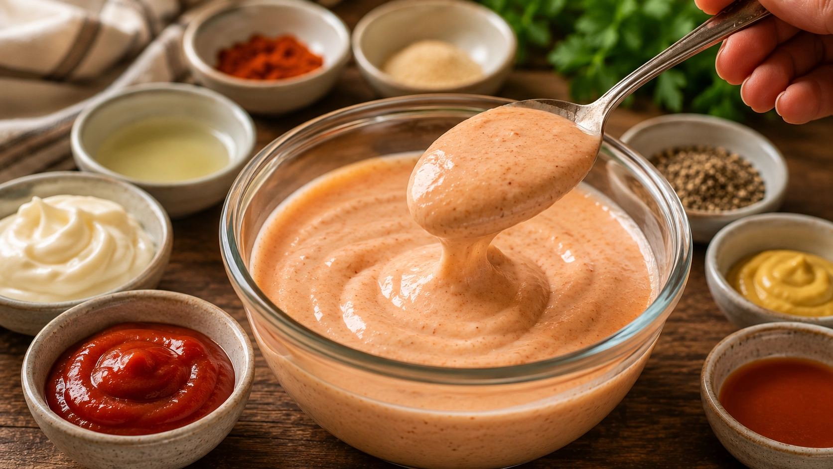 Creamy sauce preparation on rustic table