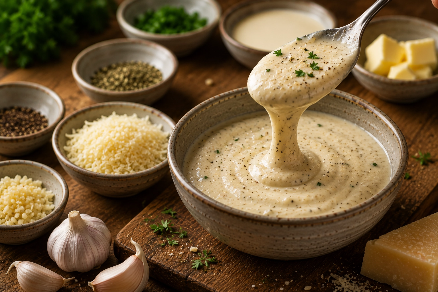 Creamy sauce preparation on wooden table