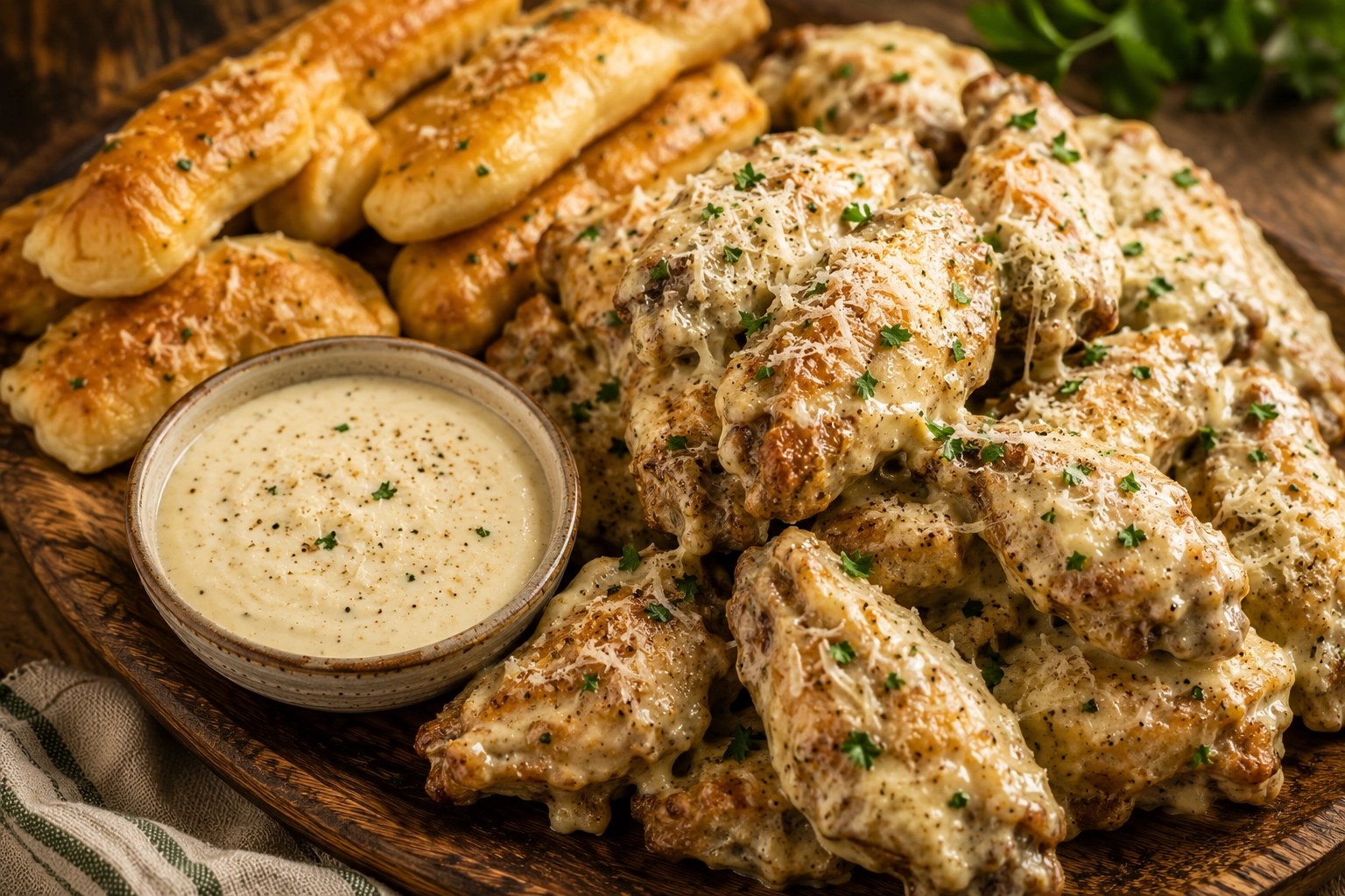 Creamy wings with garlic breadsticks