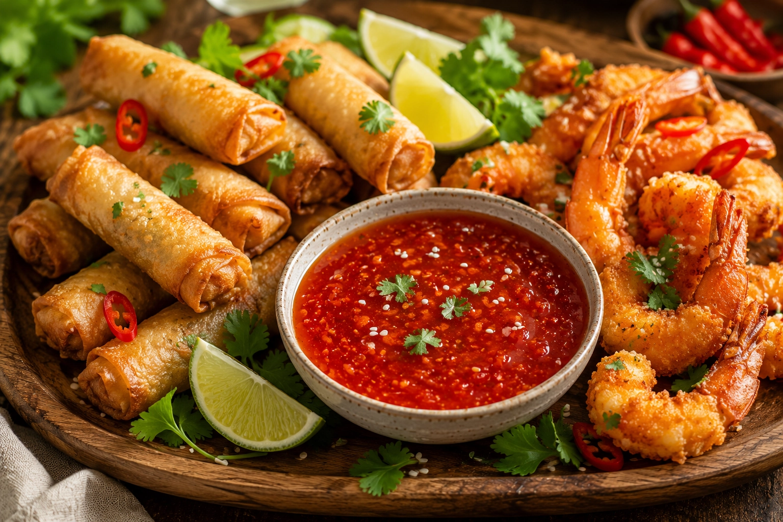 Crispy appetizers with chili dipping sauce