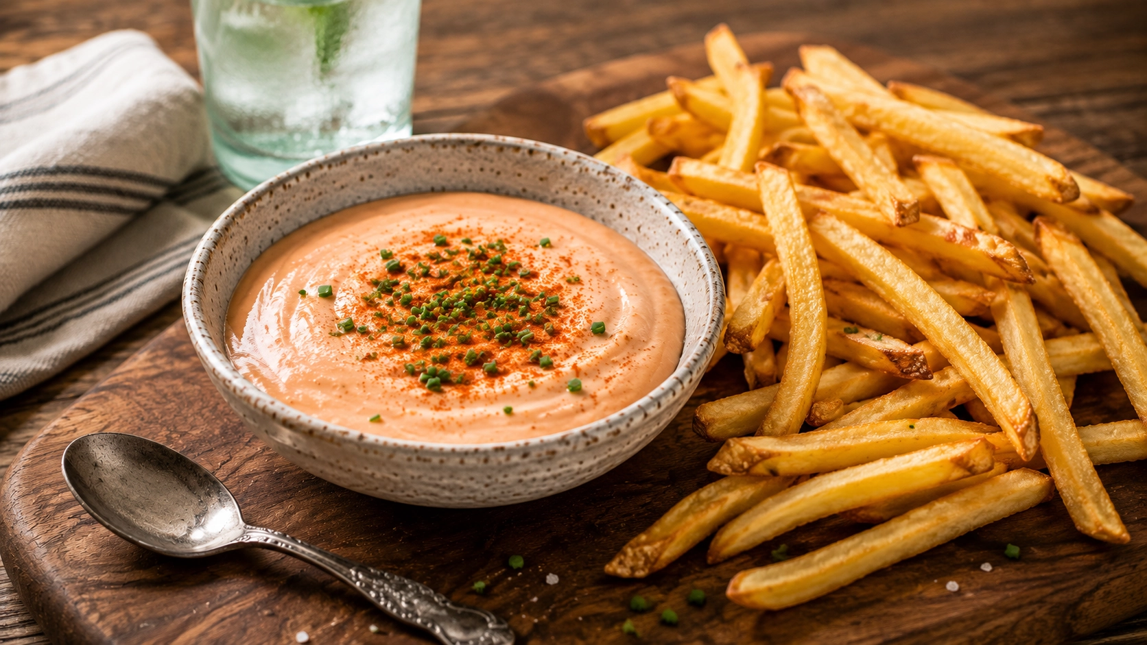 Crispy fries and creamy dipping sauce