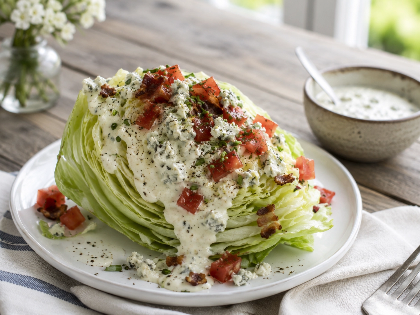 Crispy wedge salad on rustic table