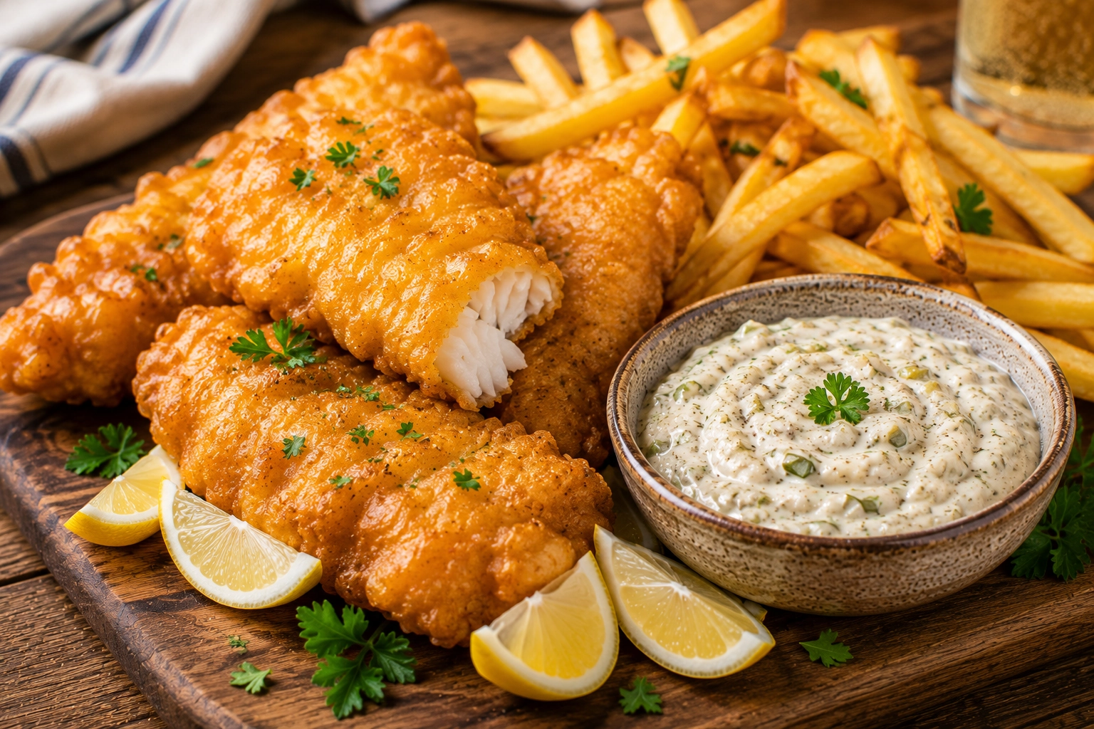 Golden fish and chips with tartar