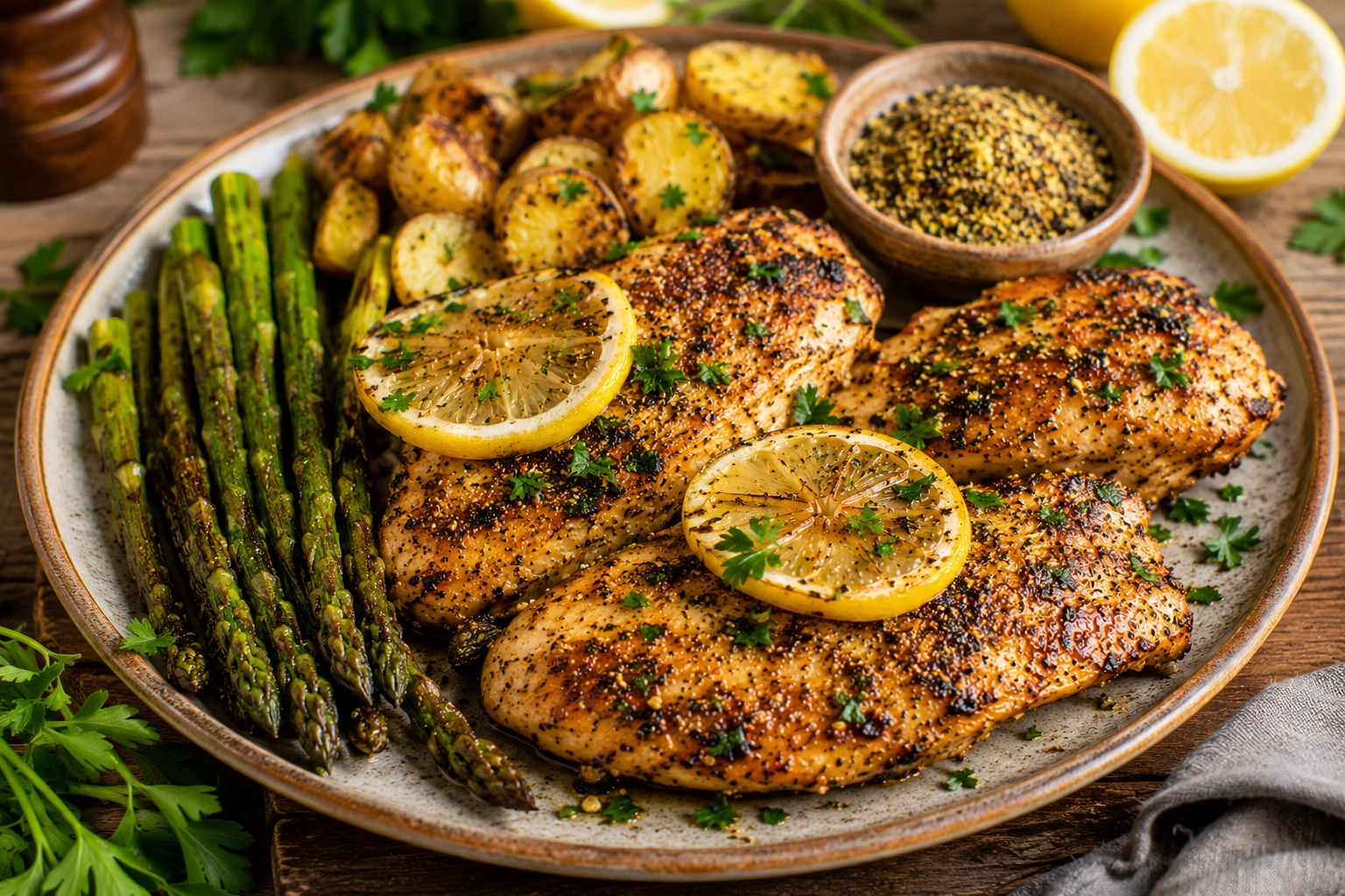 Grilled chicken with roasted potatoes and asparagus