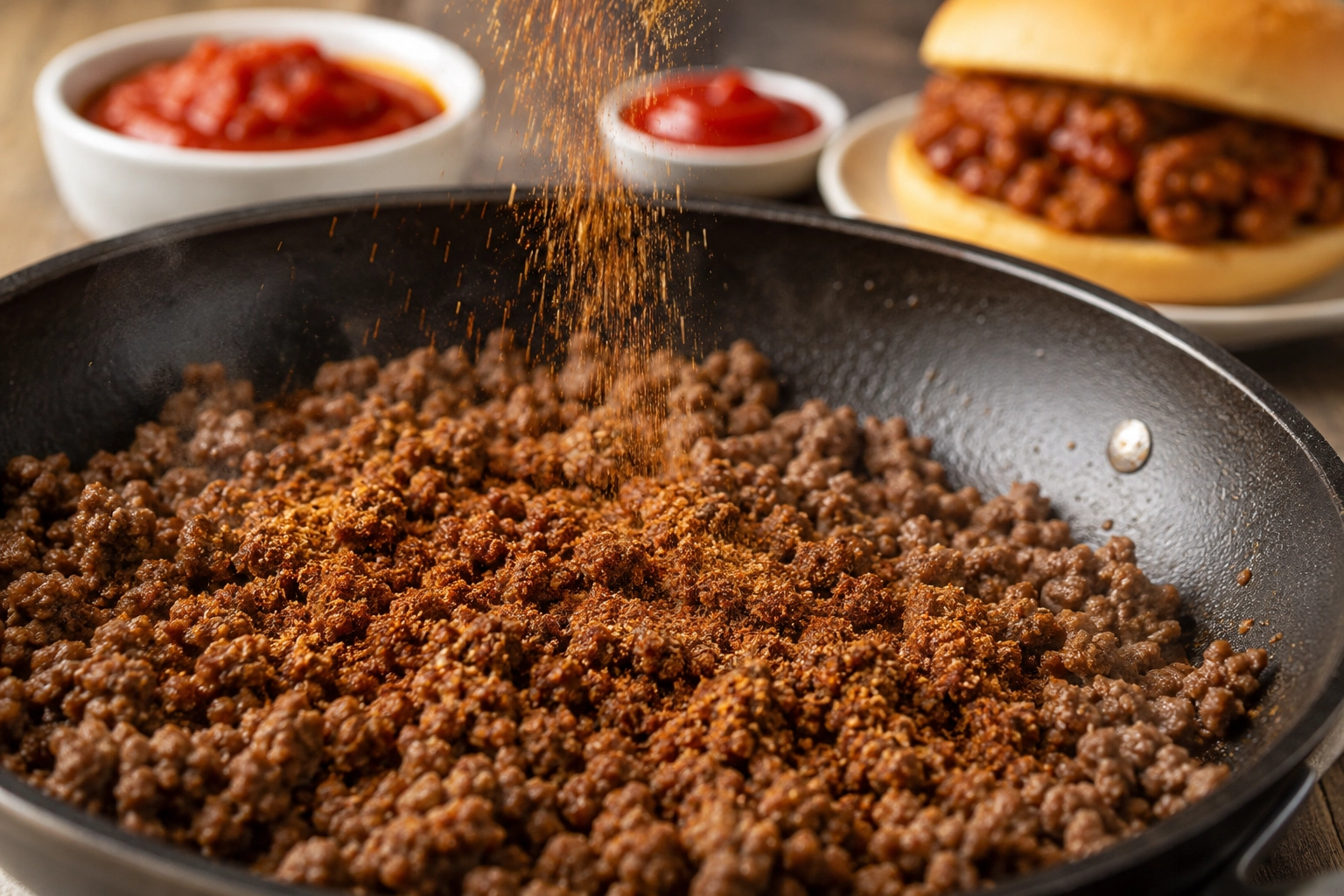 Ground beef skillet with seasoning shower