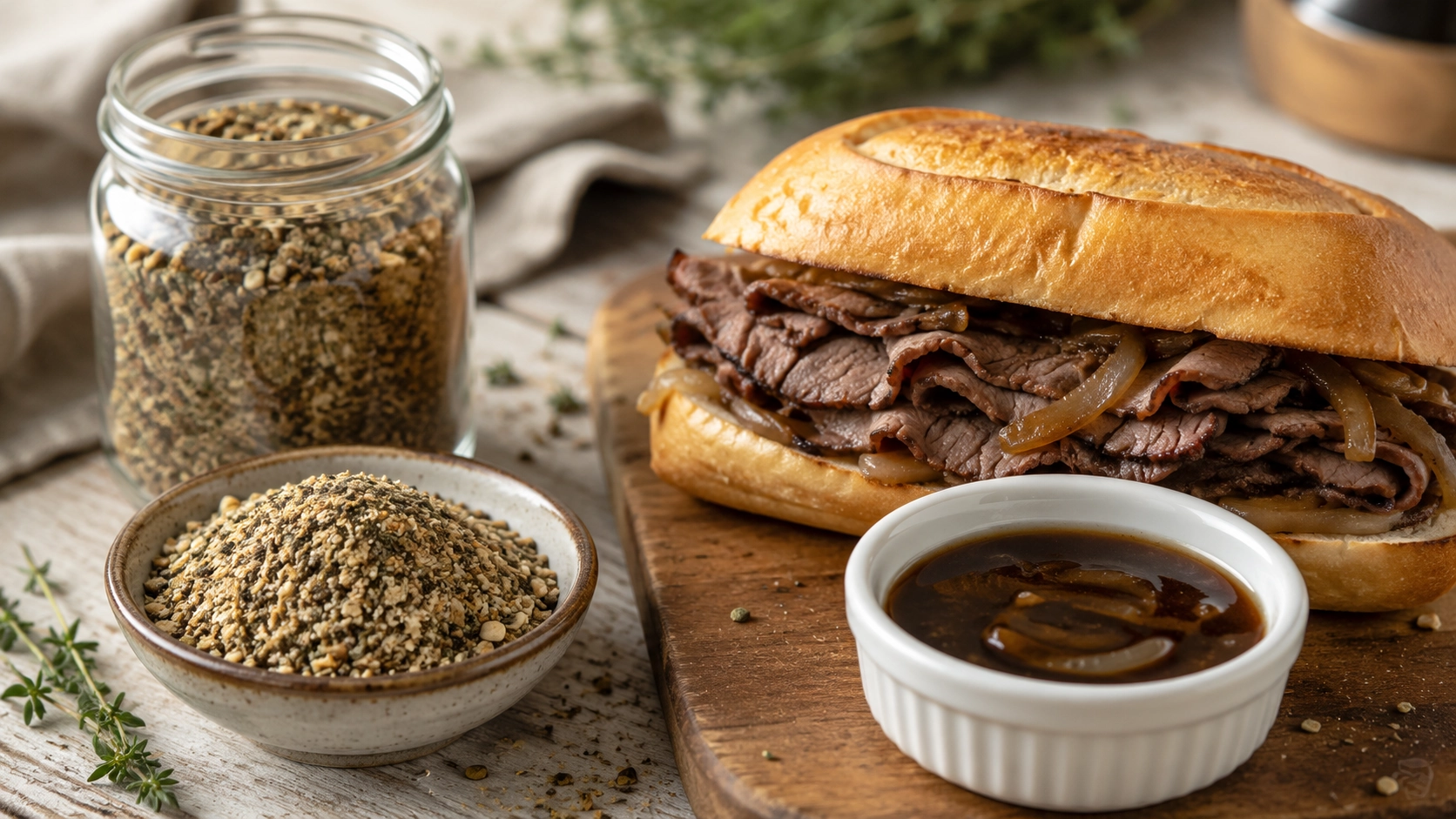 Hearty French dip sandwich with seasoning