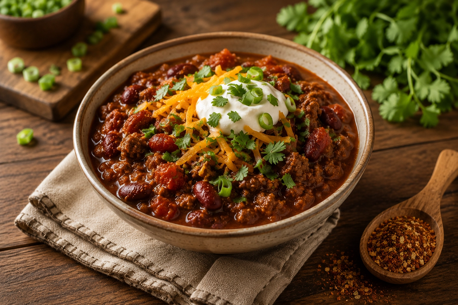 Hearty chili on a rustic table