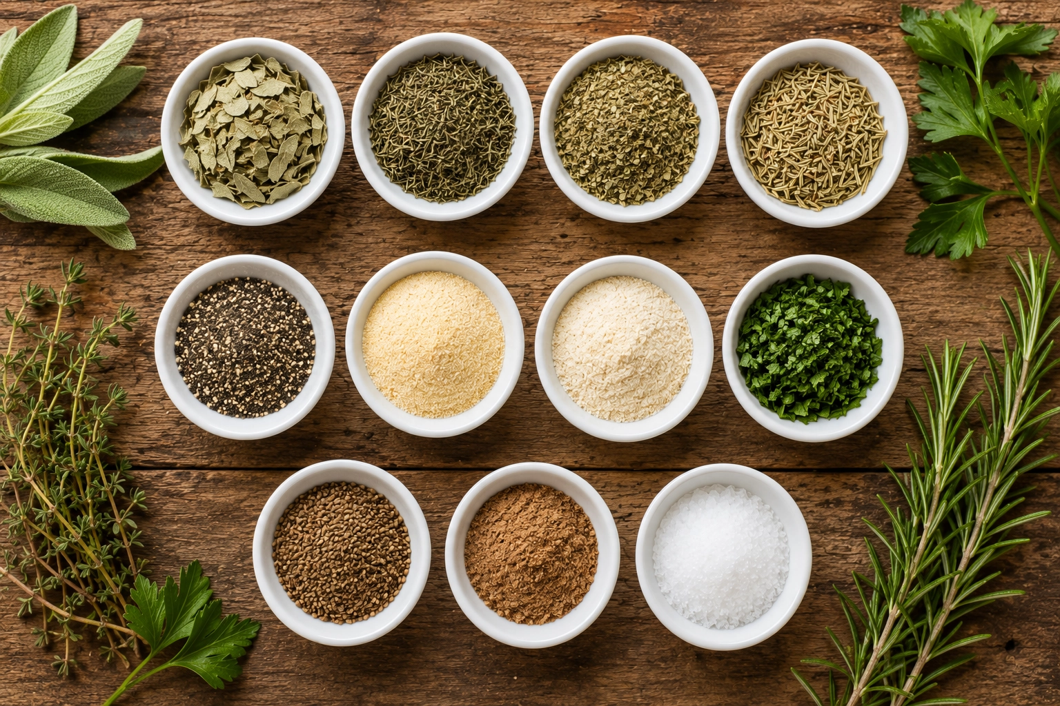 Herbs and spices flat-lay arrangement