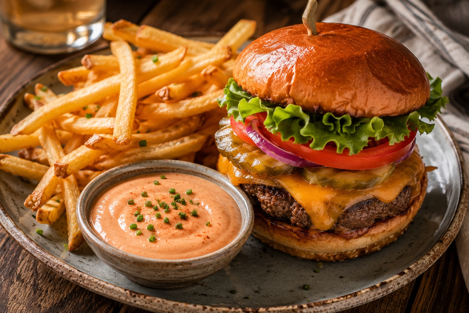 Juicy burger and crispy fries