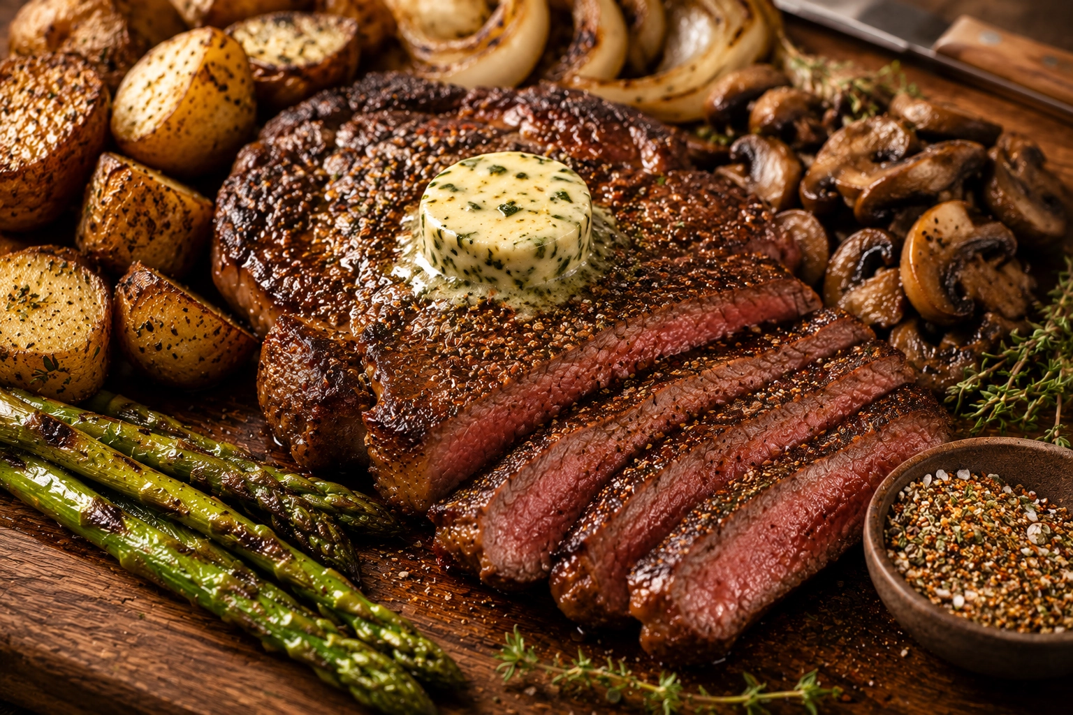 Juicy steak platter with sides